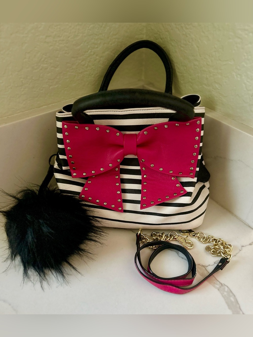 Betsy Johnson Black & White Stripe Satchel Crossbody Fuchsia Studded Bow
